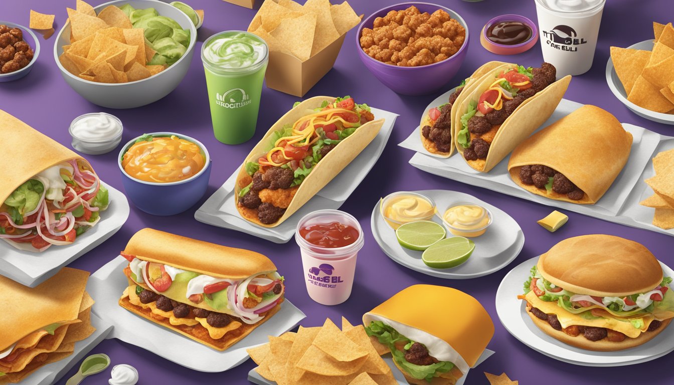 A colorful Taco Bell breakfast spread with iconic menu items from 11 different countries, each represented with unique flavors and ingredients