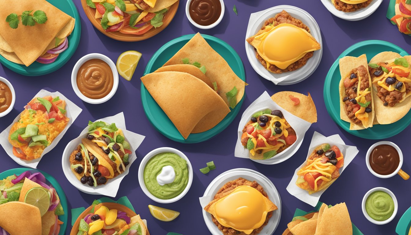 A table displays 10 variations of the Breakfast Quesalupa, surrounded by colorful Taco Bell branding and breakfast menu items