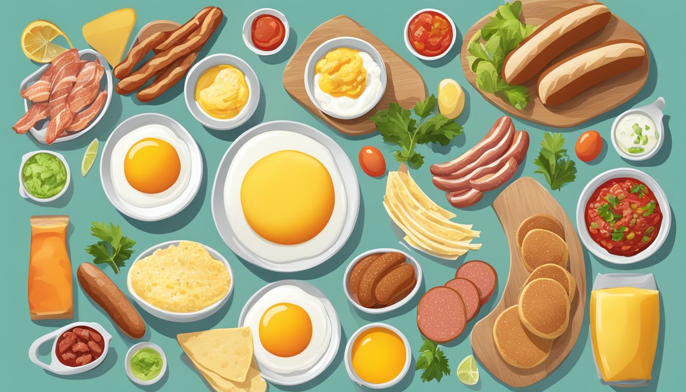 A colorful array of breakfast ingredients, including eggs, sausage, bacon, and various salsas, arranged in a dynamic composition