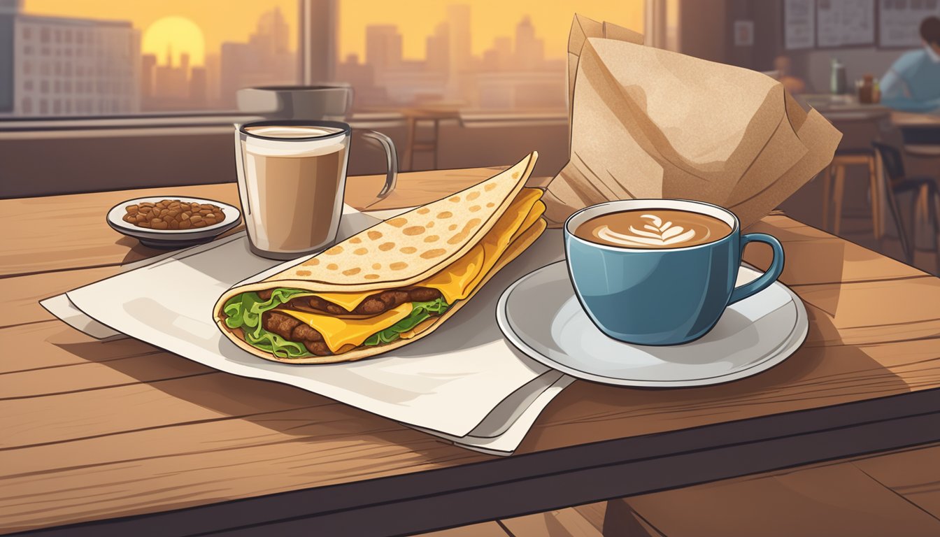 A breakfast crunchwrap and coffee sit on a table, surrounded by a warm, cozy morning ambiance