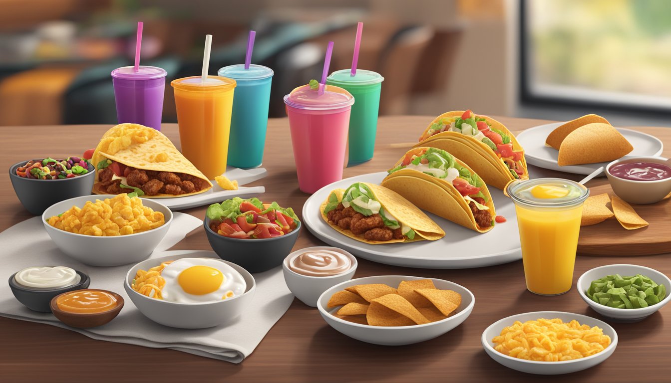 A colorful array of customizable Taco Bell breakfast items arranged on a table, with various toppings and condiments neatly displayed alongside