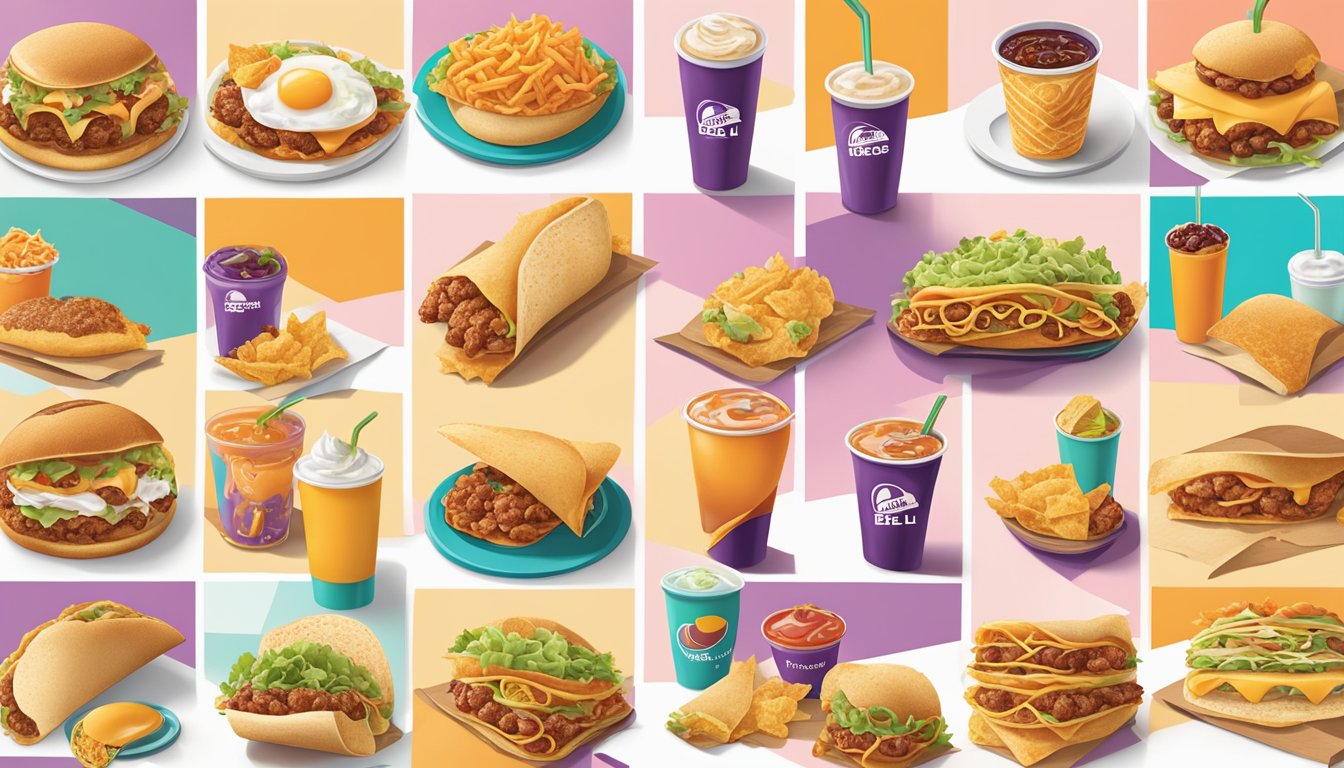 A vibrant illustration of 10 different Taco Bell breakfast menu items evolving over time, from launch to present day