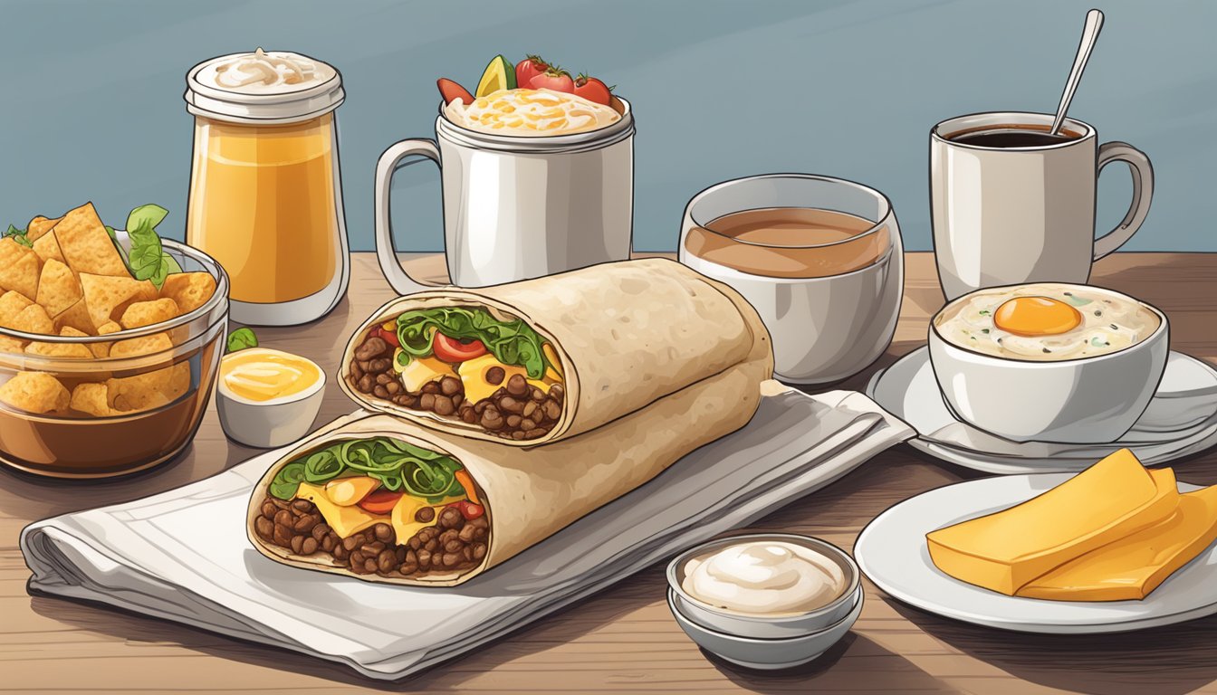 A steaming breakfast burrito sits next to a cup of coffee, surrounded by other breakfast items