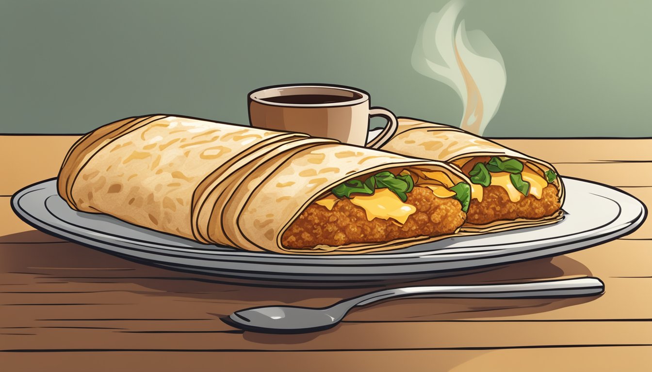 A sizzling hash brown, crispy toasted breakfast burrito, and steaming cup of coffee on a table