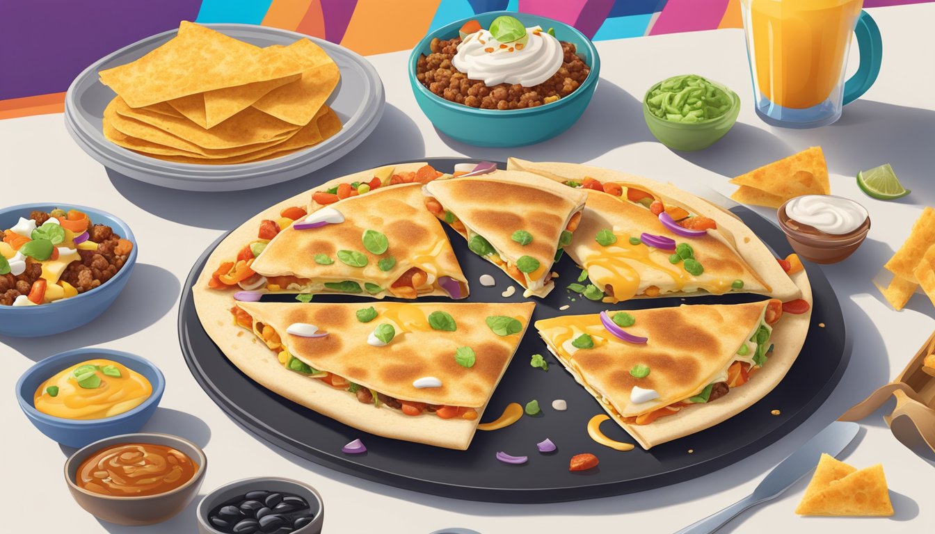 A sizzling quesadilla with gooey cheese and a variety of toppings, surrounded by colorful and appetizing breakfast items from Taco Bell