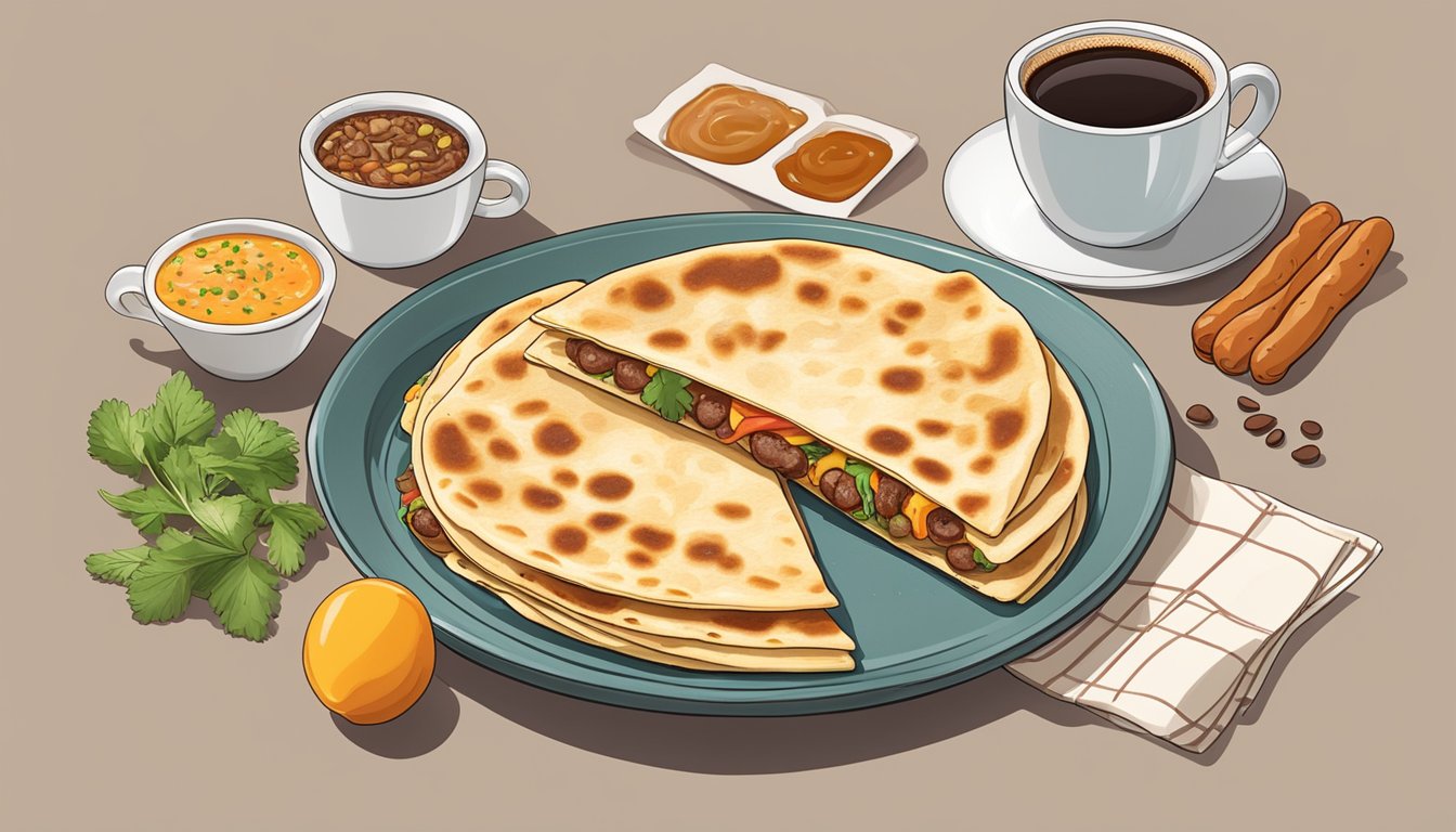 A sizzling sausage flatbread quesadilla sits next to a steaming cup of coffee, surrounded by vibrant breakfast ingredients