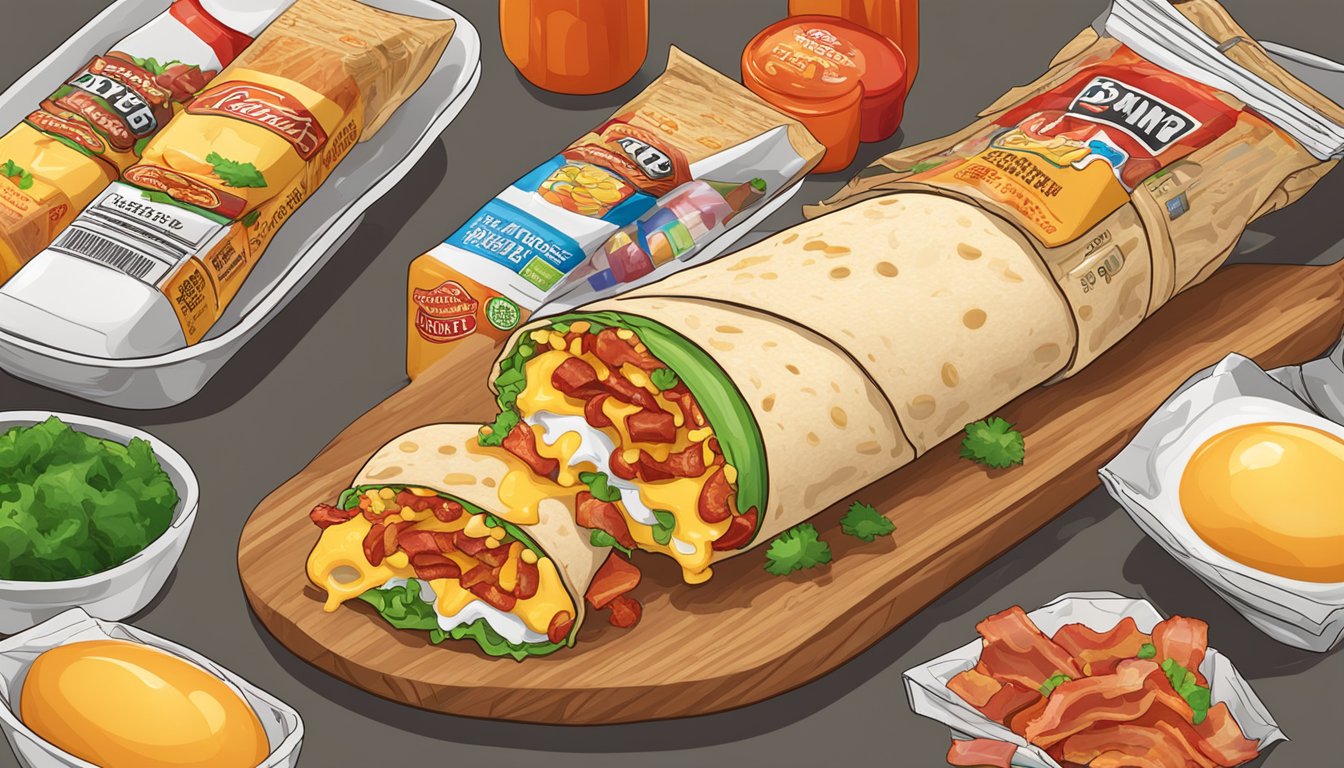 A breakfast burrito overflowing with eggs, bacon, and cheese, surrounded by a variety of colorful hot sauce packets