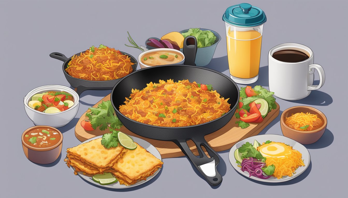 A sizzling skillet with golden, crispy hash browns piled high, surrounded by a colorful array of breakfast tacos and a steaming cup of coffee