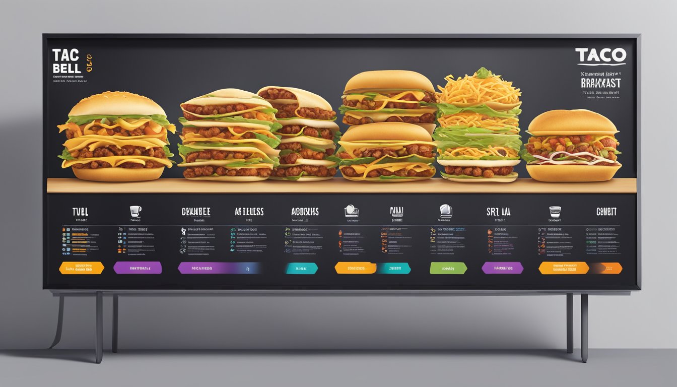 A colorful timeline of Taco Bell breakfast items, from simple to diverse, displayed on a modern, sleek menu board