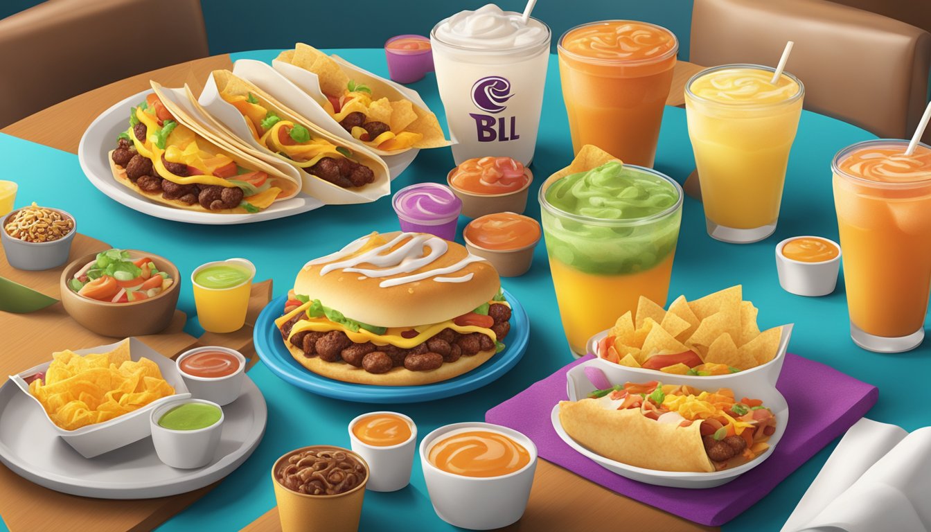 A table set with a colorful array of Taco Bell breakfast items, including Cinnabon Delights and a variety of drinks, with a playful and inviting atmosphere