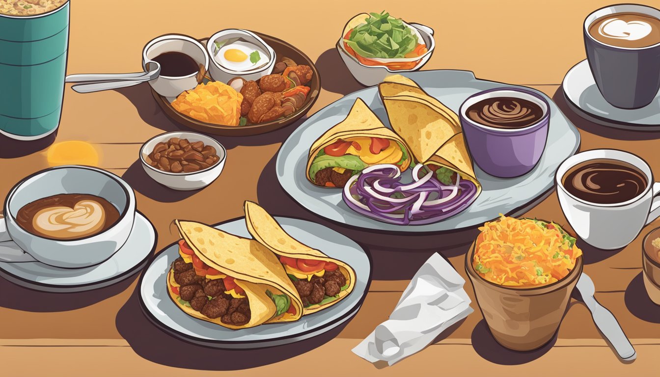 A table set with a variety of Taco Bell breakfast items paired with coffee, showcasing the 7 best combinations for a morning meal