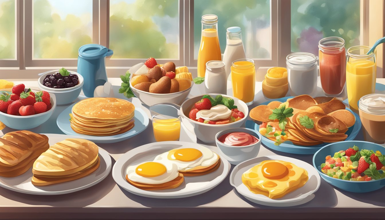 A colorful array of customizable breakfast items spread out on a table, with various toppings and sauces. A cheerful atmosphere with a hint of morning sunlight streaming in through a window