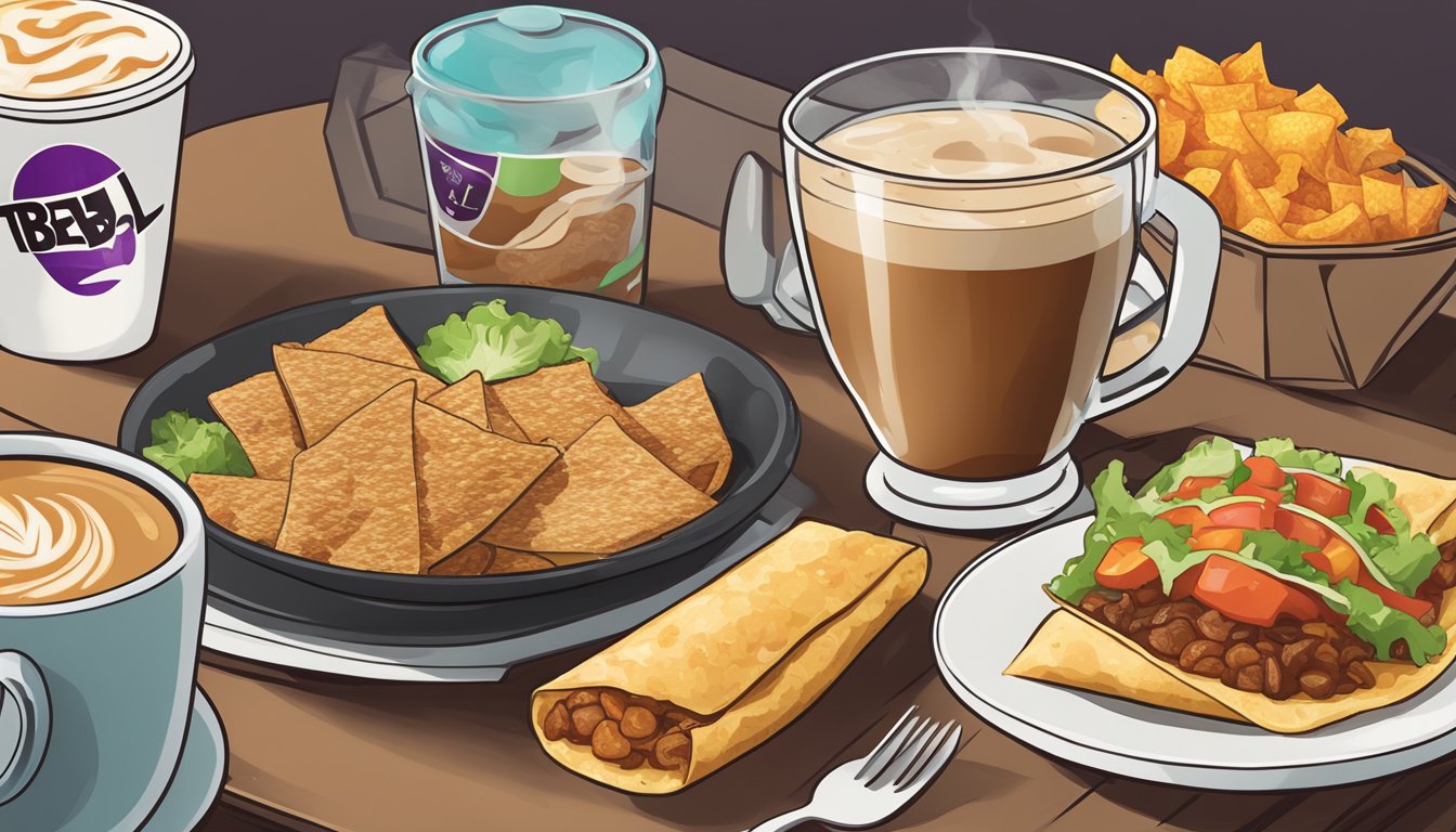 A steaming cup of coffee sits next to a spread of Taco Bell breakfast items, including burritos and hash browns, on a table