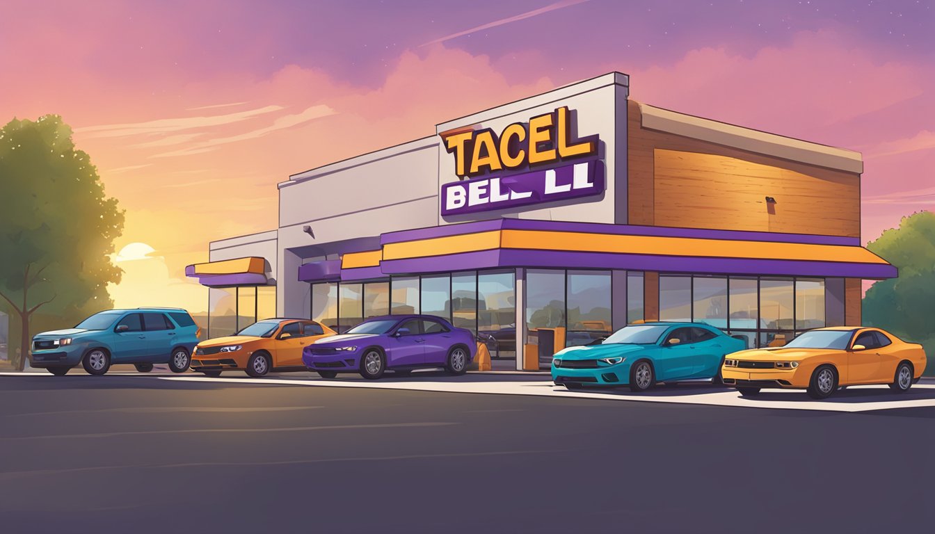 A busy drive-thru with a line of cars and a bright Taco Bell sign against a morning sky