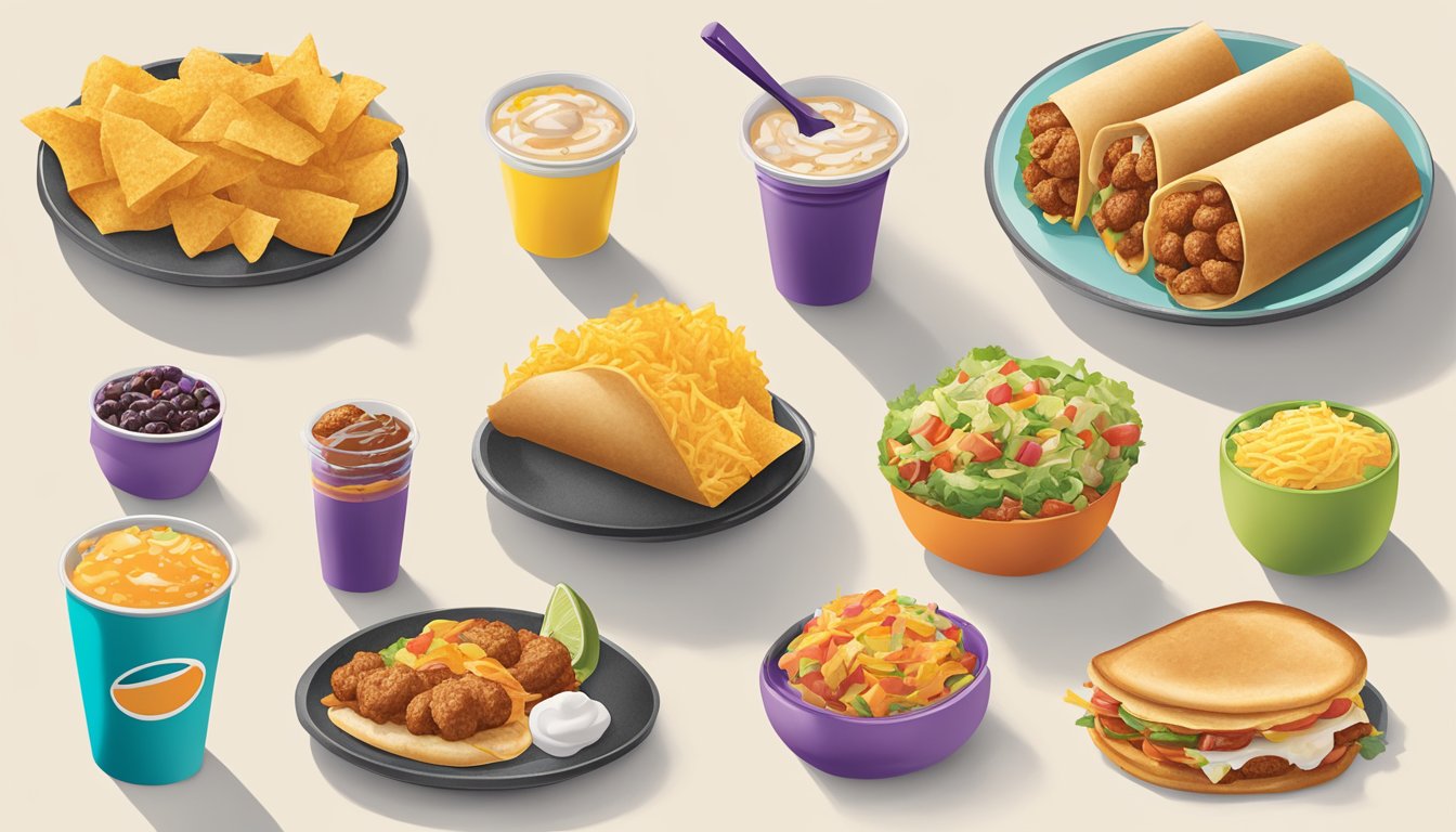 A colorful spread of breakfast items from Taco Bell's menu, including a variety of nutritious options like breakfast burritos, hash browns, and fruit cups