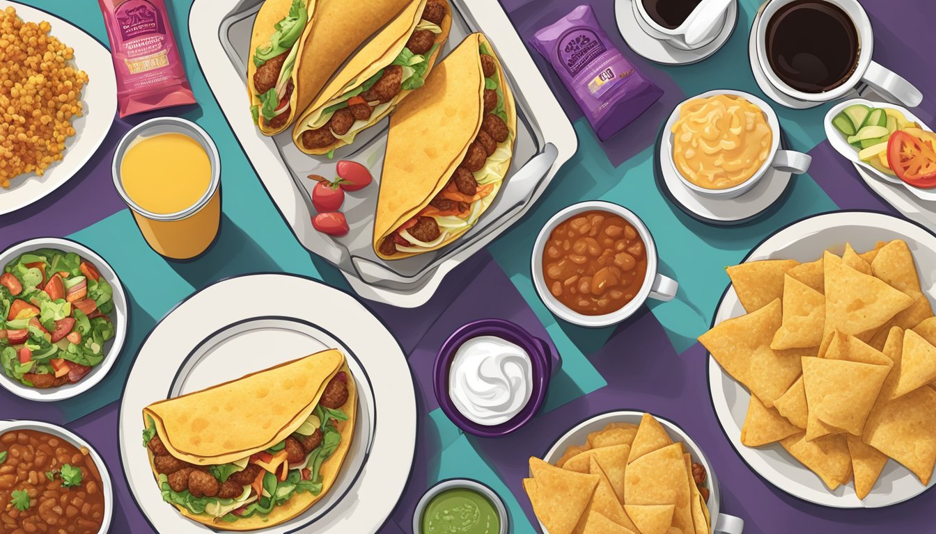 A colorful Taco Bell breakfast spread with various items arranged on a tray, including breakfast burritos, hash browns, and coffee