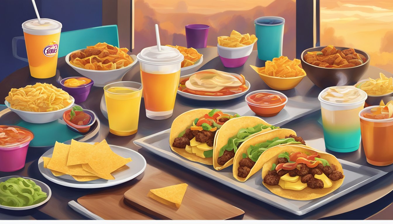 A colorful Taco Bell breakfast spread with various items displayed on a tray, surrounded by a warm, inviting atmosphere