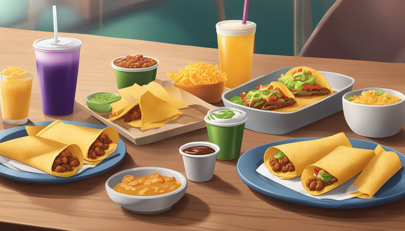 A table set with Taco Bell breakfast items at 7 AM, with a guilty but satisfied atmosphere