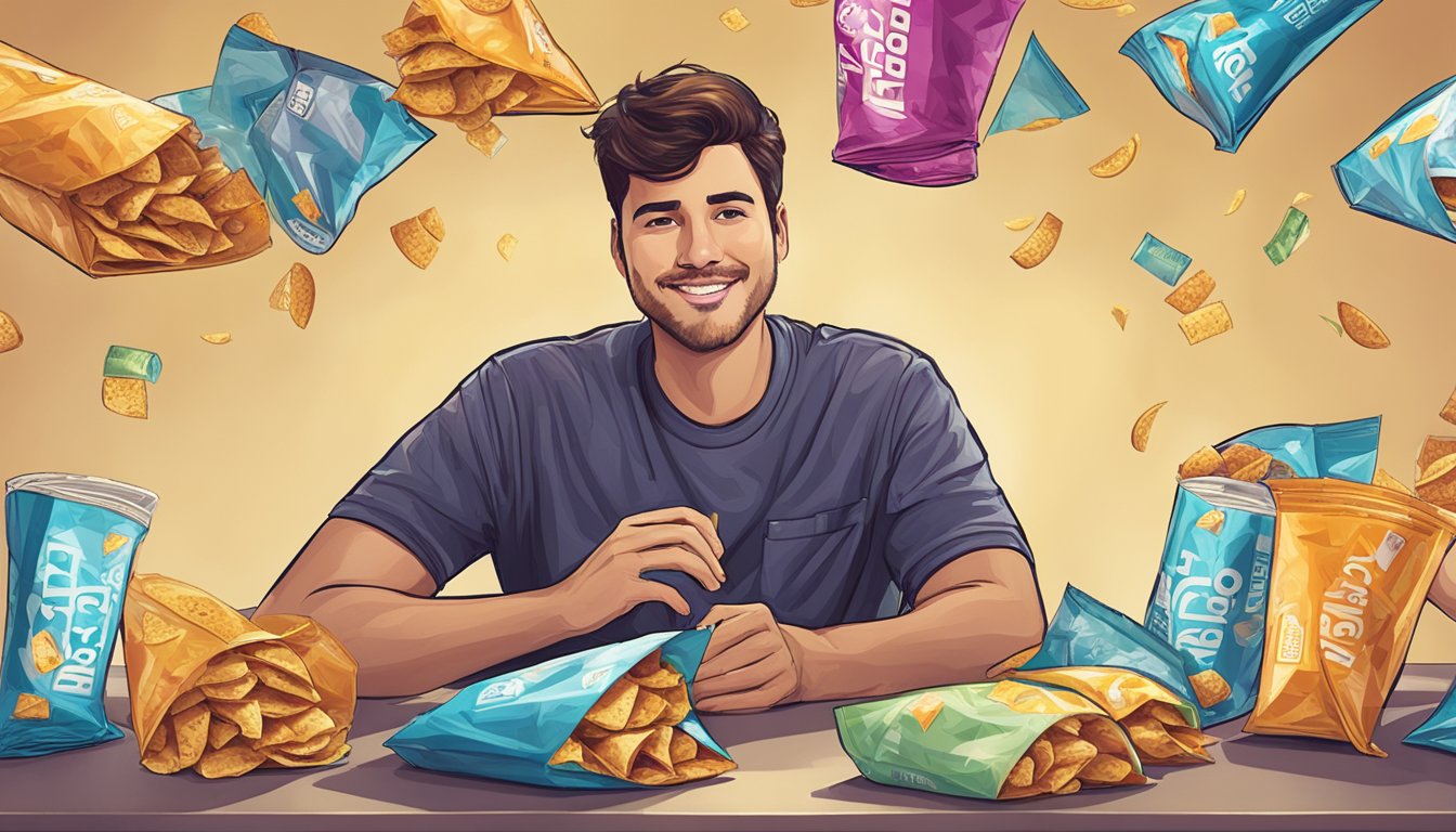 A person sitting at a table, surrounded by empty Taco Bell breakfast wrappers, with a look of satisfaction on their face