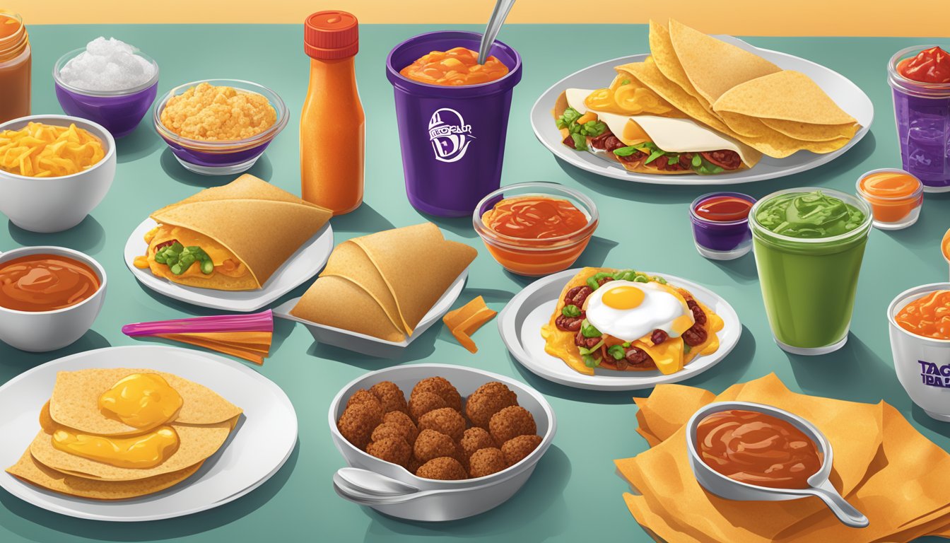 A breakfast table with various Taco Bell breakfast items and hot sauce packets arranged in different ways for added flavor