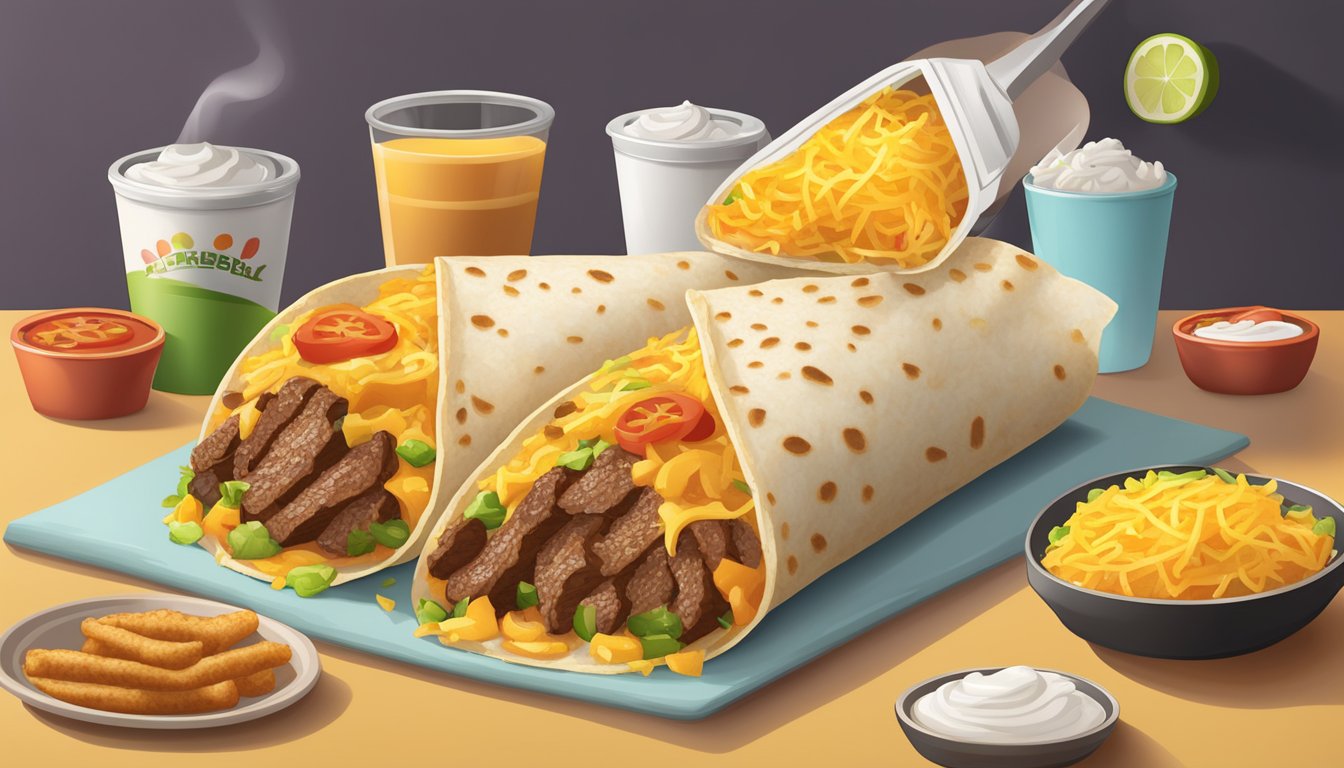 A sizzling breakfast burrito surrounded by golden hash browns and a juicy steak, showcasing a tantalizing Taco Bell breakfast combination