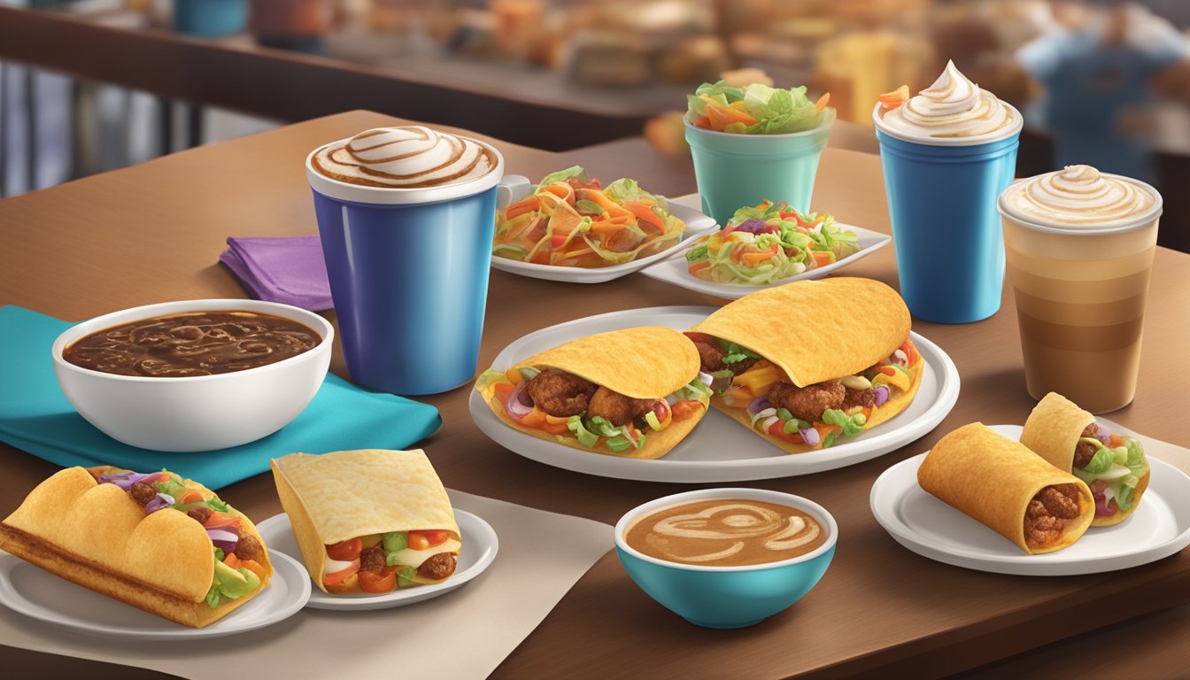 A table set with a steaming cup of Cinnabon Delights Coffee alongside a variety of Taco Bell breakfast items, each presented in a unique and appetizing way