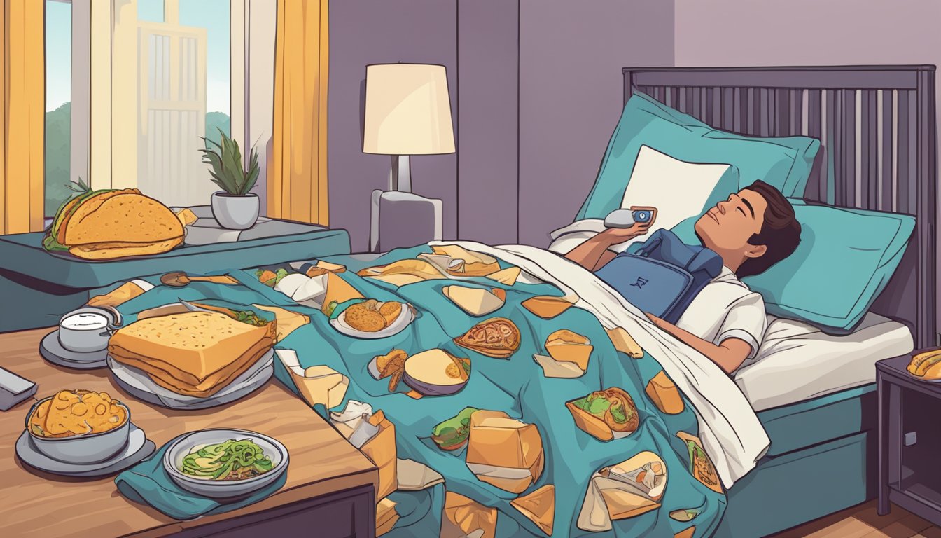 A person lying in bed with a thought bubble of Taco Bell breakfast items replacing their alarm clock