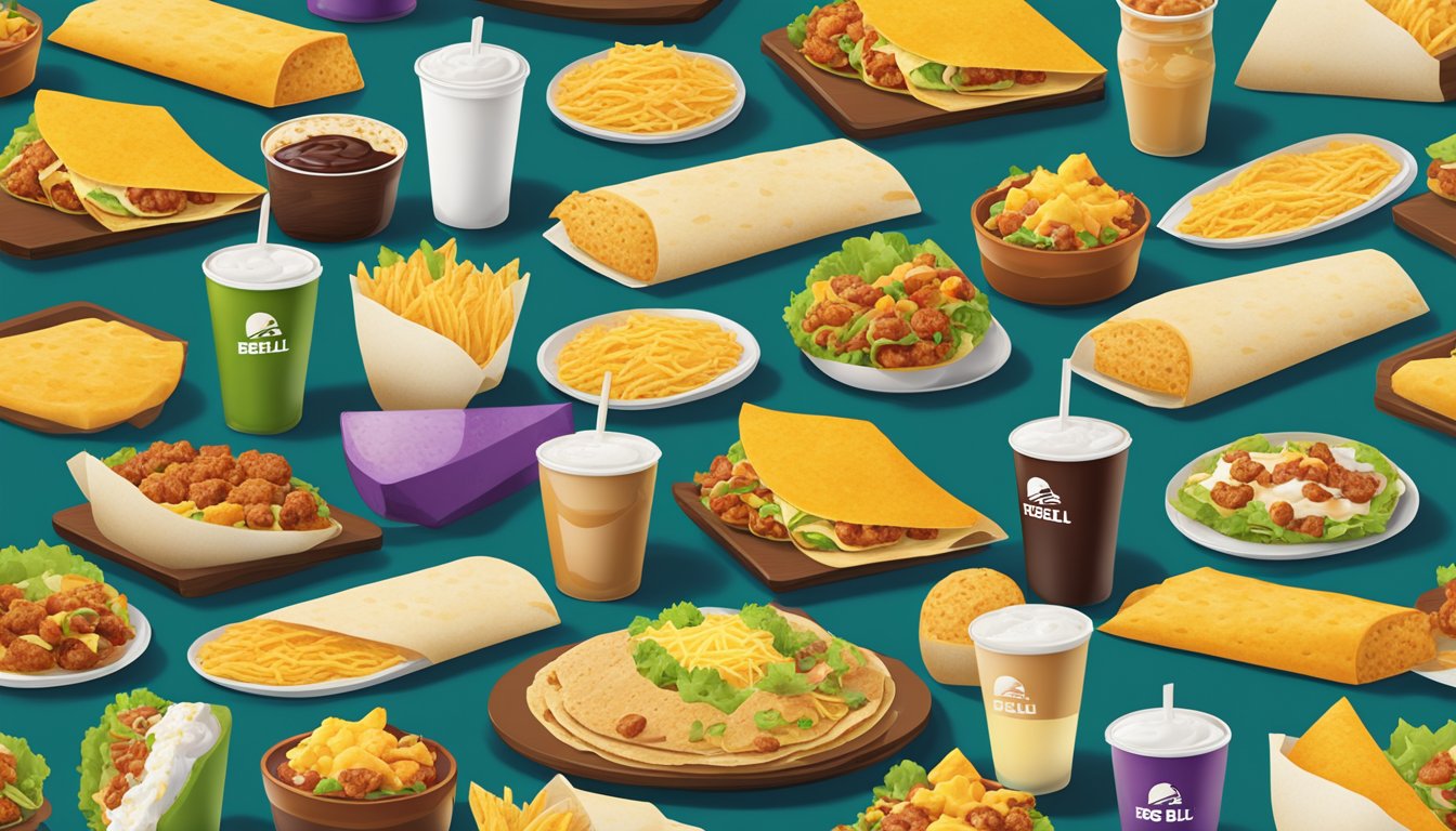 A table with eight different Taco Bell breakfast items, each customized with extra cheese, arranged in an appealing and appetizing manner