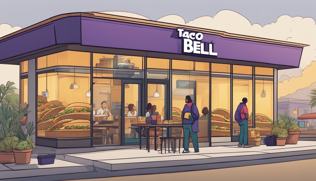 A person standing in front of a Taco Bell restaurant, with a thought bubble of breakfast items and a line of people inside