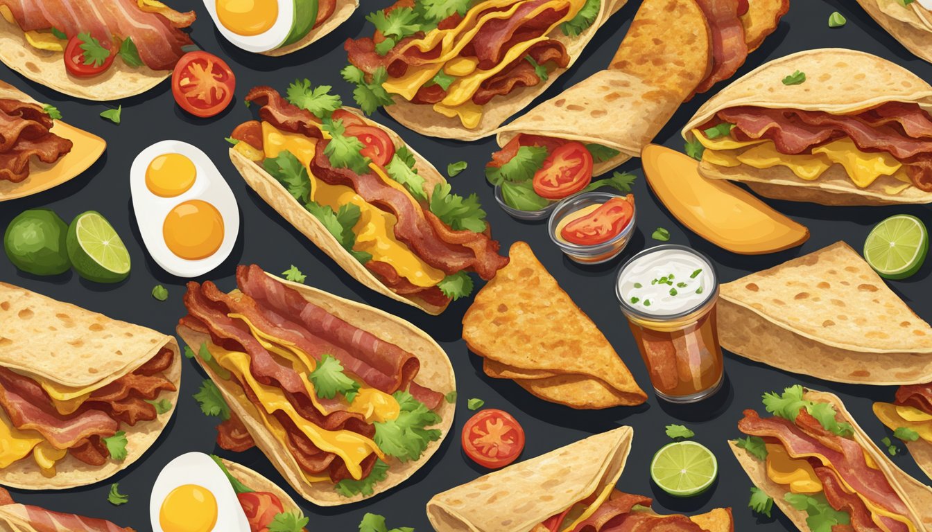 A sizzling strip of bacon nestled in a warm, soft taco shell, surrounded by other tempting breakfast taco combinations