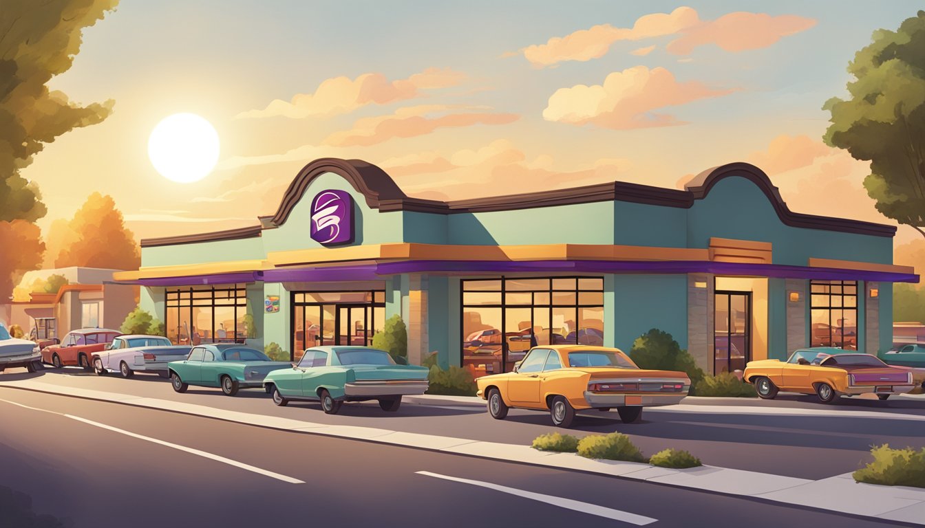 A smiling sun rises over a Taco Bell restaurant, while a line of cars forms in the drive-thru. Tables are filled with people enjoying breakfast