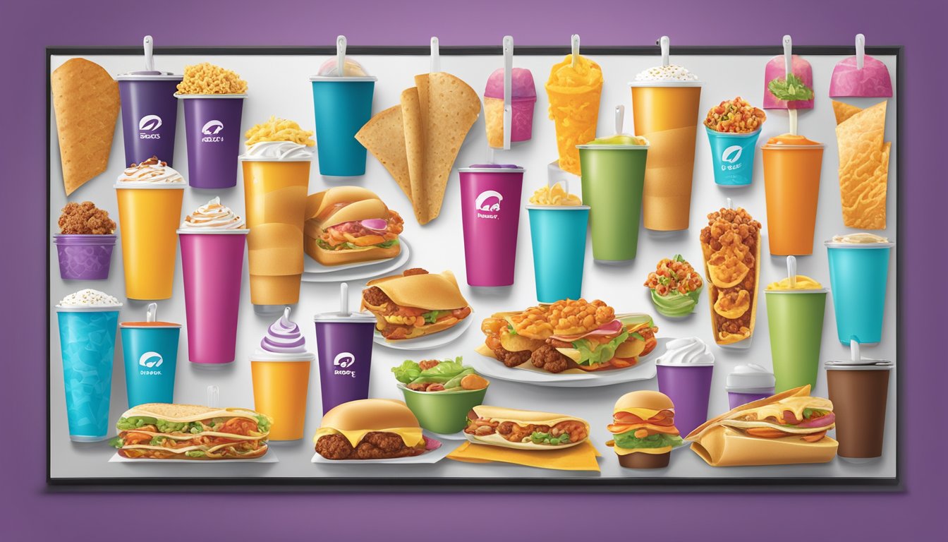 A colorful display of breakfast items on a Taco Bell menu board, with various options and combinations illustrated