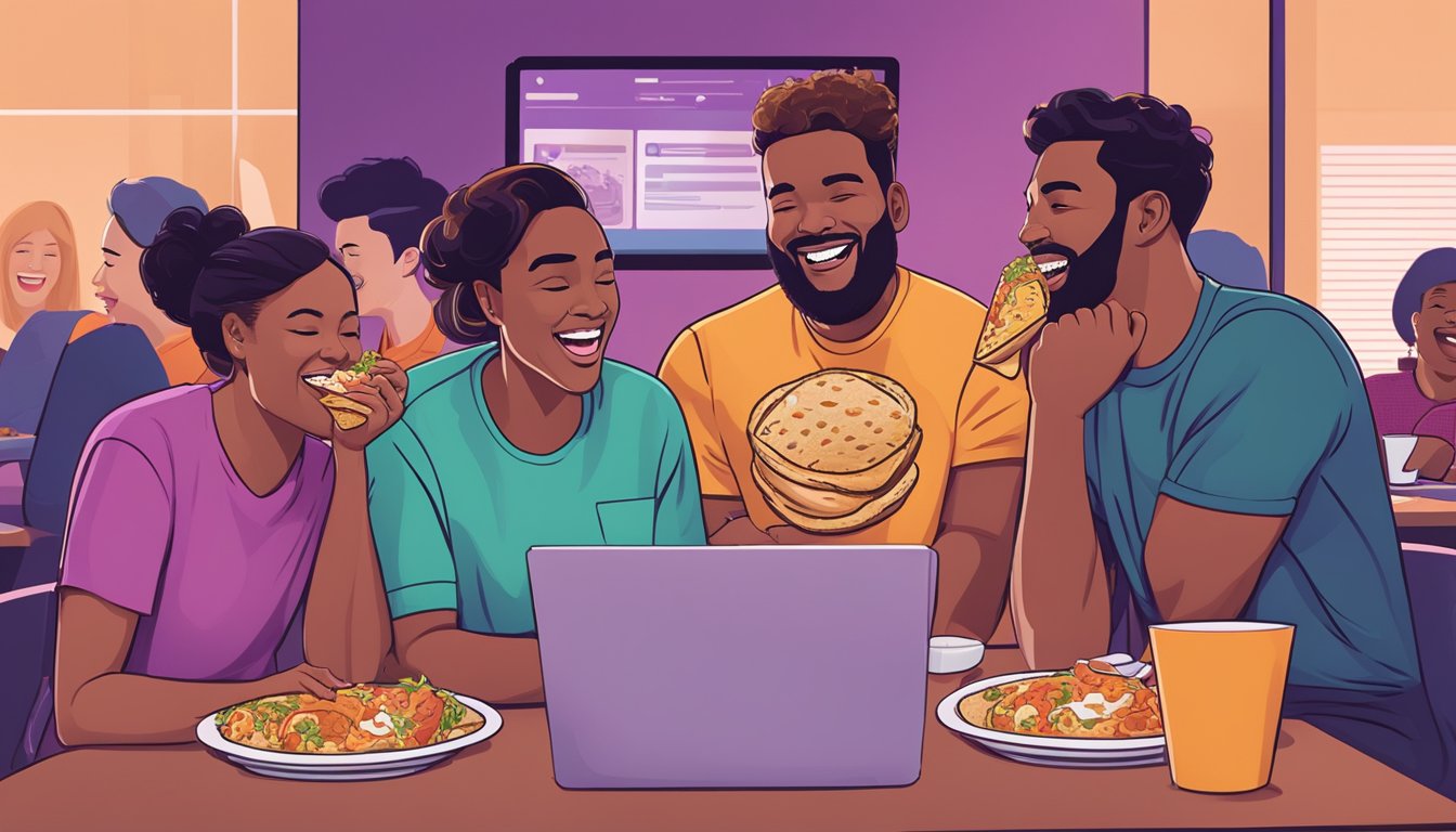 A group of diverse office workers enjoy Taco Bell breakfast together, laughing and bonding over relatable memes displayed on a large screen