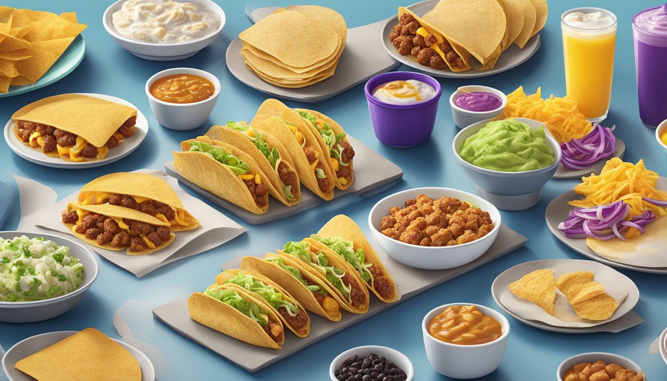 A colorful spread of 12 different Taco Bell breakfast items arranged on a table, with steam rising from the freshly prepared food