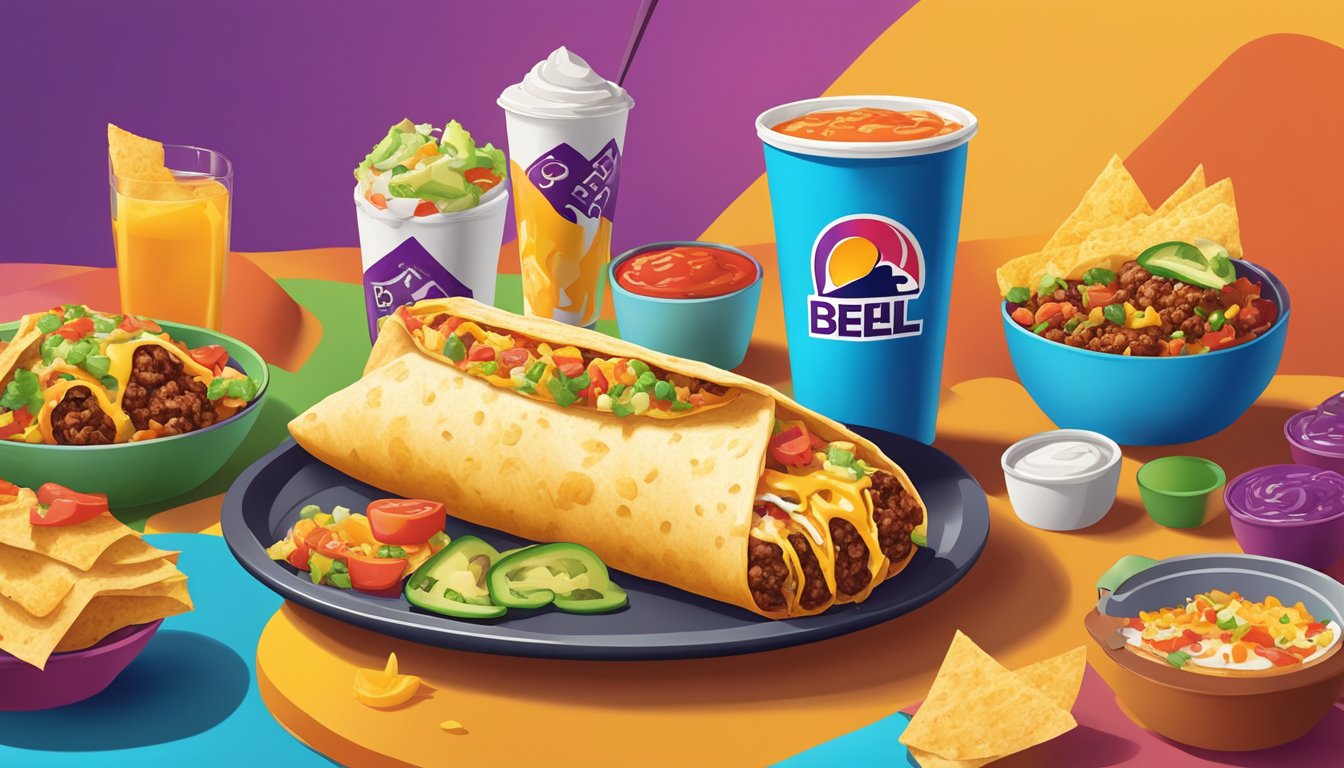 A sizzling breakfast burrito, oozing with melted cheese and topped with a vibrant salsa drizzle, surrounded by colorful and appetizing Taco Bell breakfast items