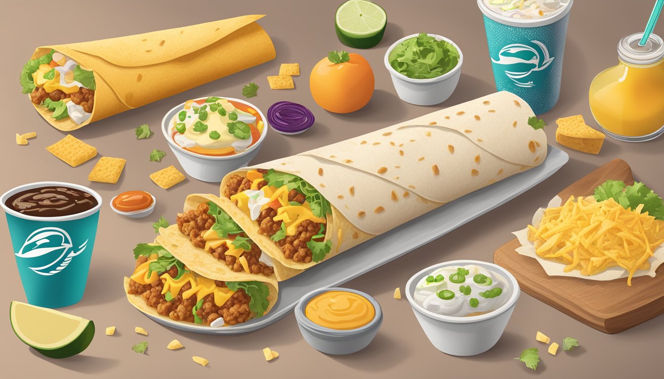 A breakfast burrito with cheese and potatoes, surrounded by six vegetarian-friendly Taco Bell items