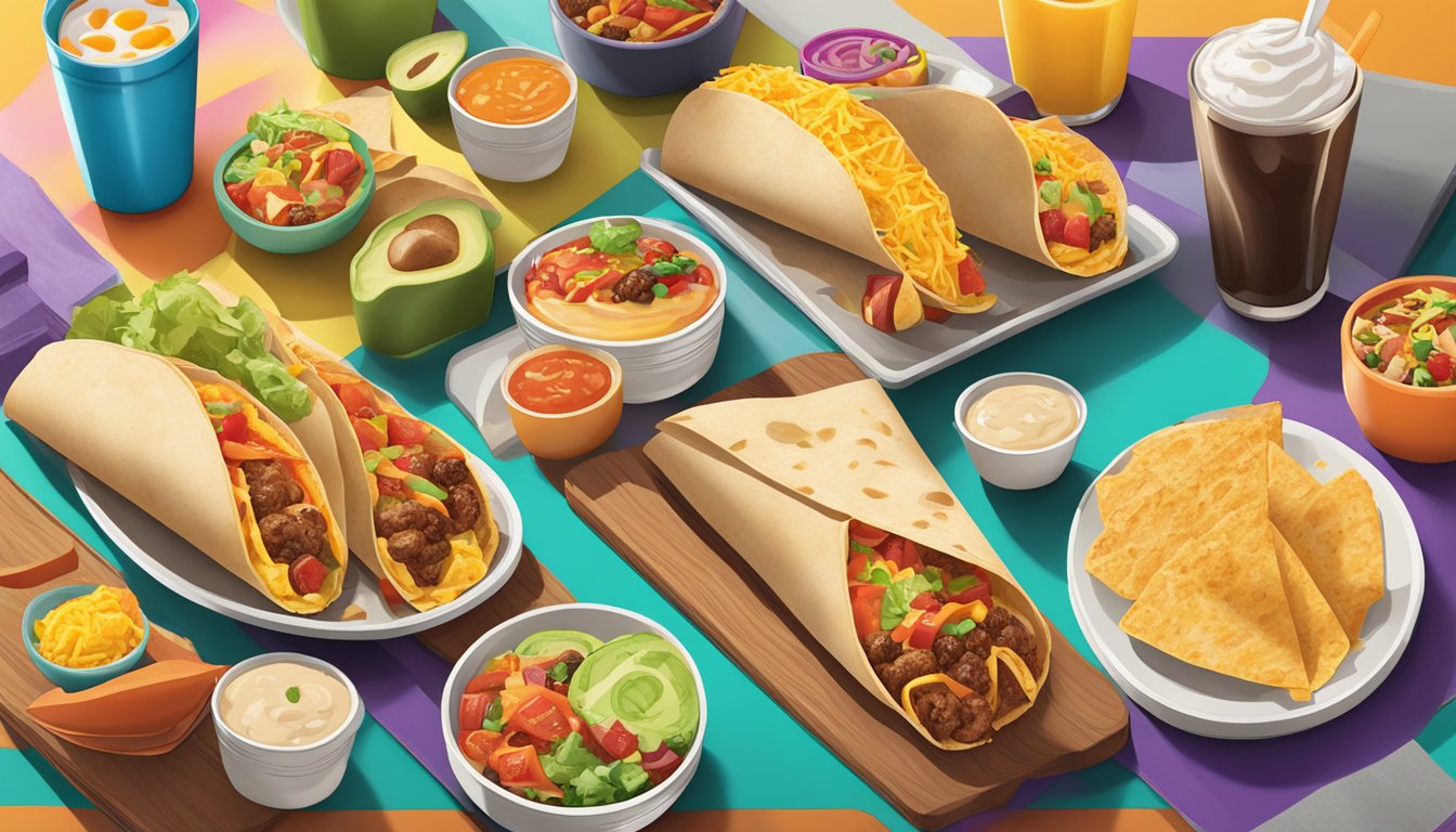 A sizzling grilled breakfast burrito surrounded by a variety of colorful Taco Bell breakfast items, all arranged on a bright and inviting table setting