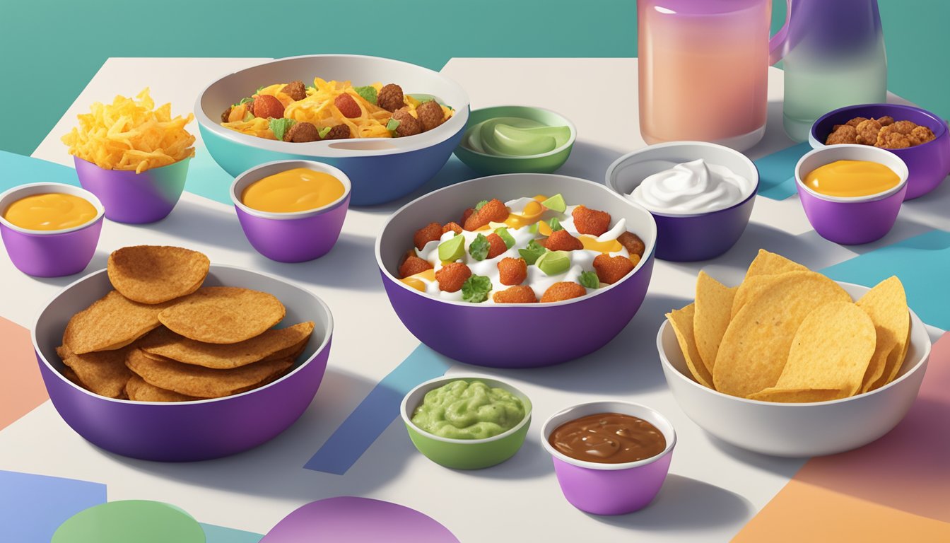 A colorful mini skillet bowl surrounded by 7 Taco Bell breakfast items, all arranged on a clean, modern table setting