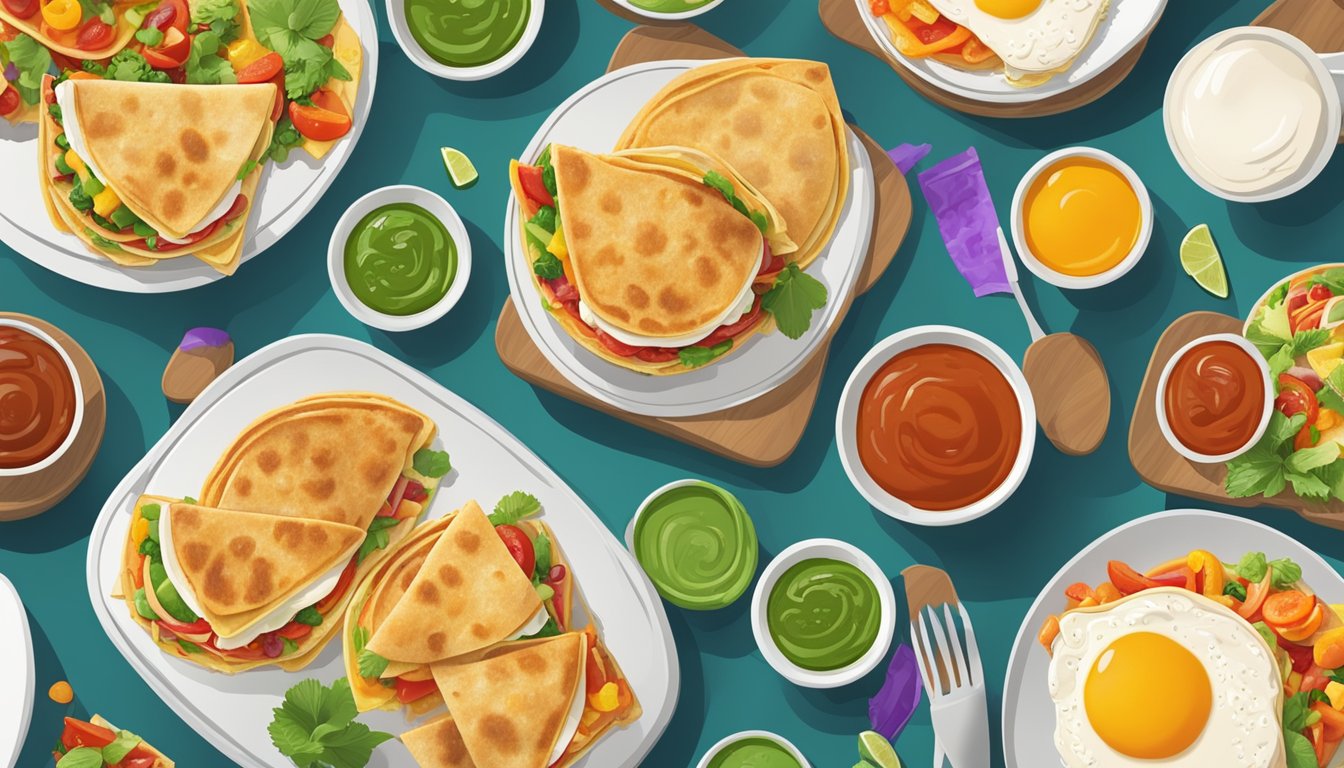 A colorful array of Breakfast Crunchwraps arranged on a clean, modern table setting with vibrant garnishes and a variety of sauces