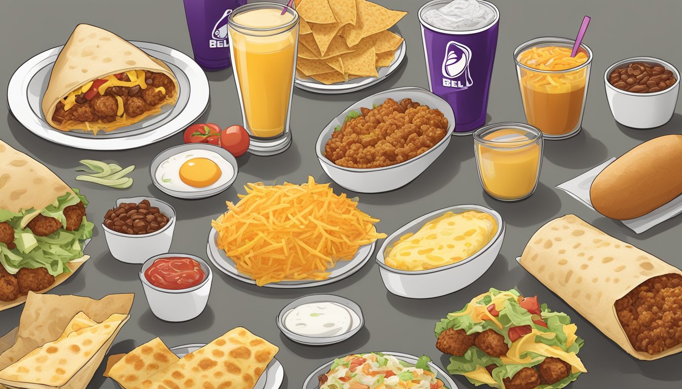 A breakfast burrito with hash browns, eggs, and cheese, surrounded by other Taco Bell breakfast items on a table