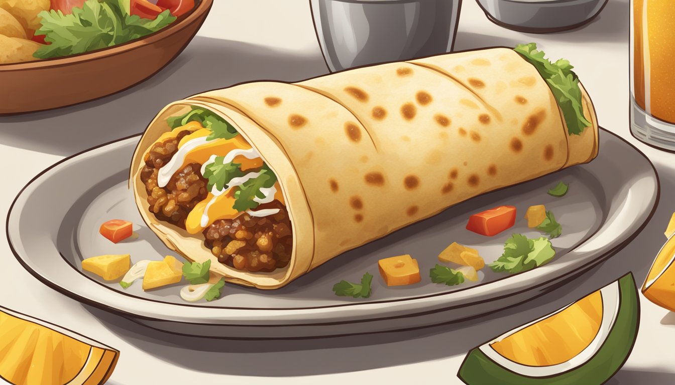 A breakfast burrito, potato, and taco arranged on a table with a cheesy, toasted appearance