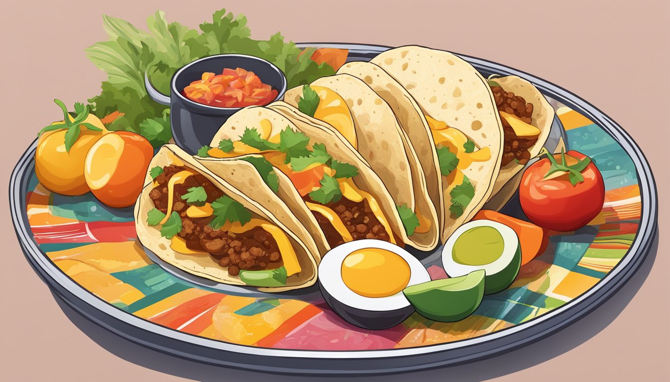 A breakfast soft taco surrounded by fresh ingredients on a colorful plate