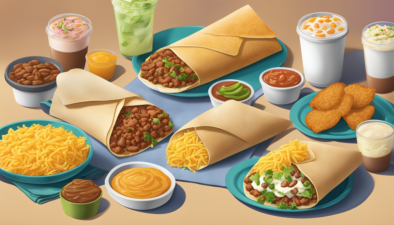 A colorful Taco Bell breakfast spread with vegetarian options, including bean and cheese burritos, hash browns, and cinnamon delights