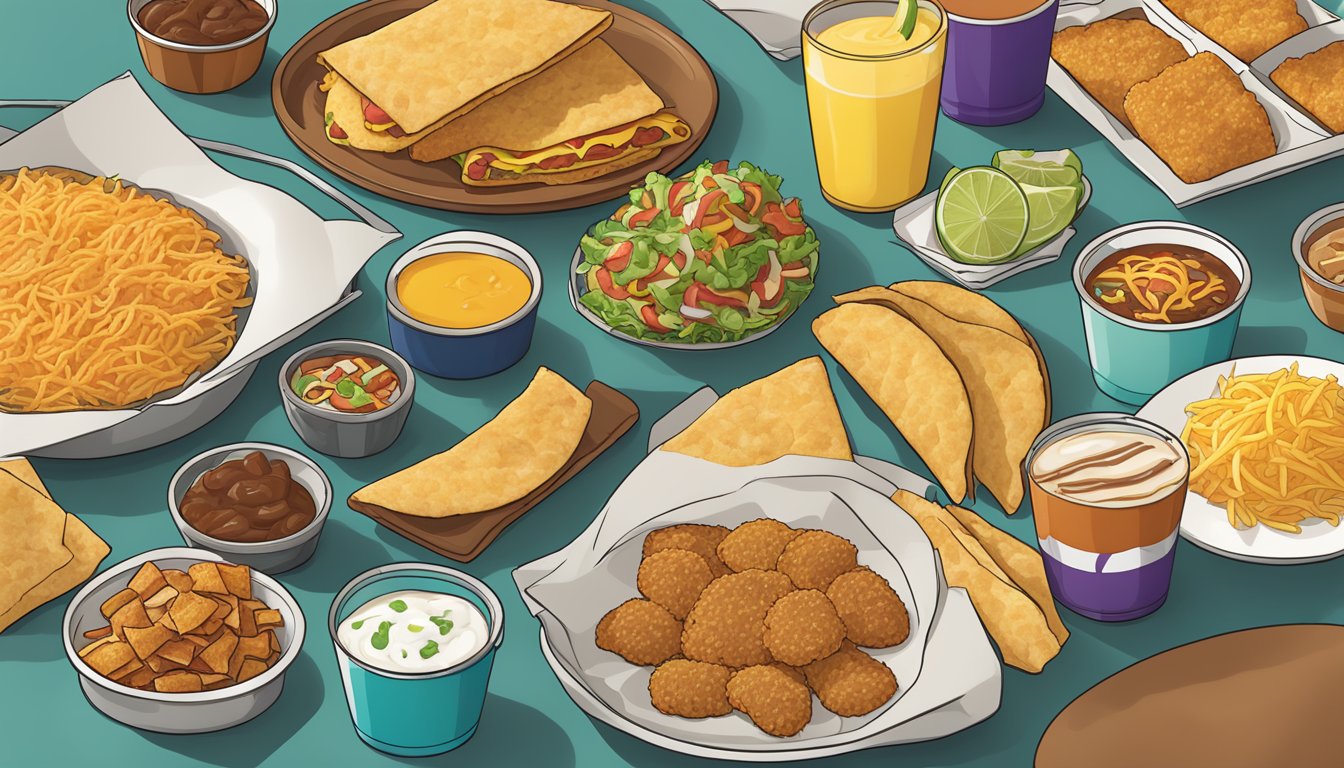 A colorful array of hash browns and Taco Bell breakfast items arranged on a table, with a focus on the low-calorie options