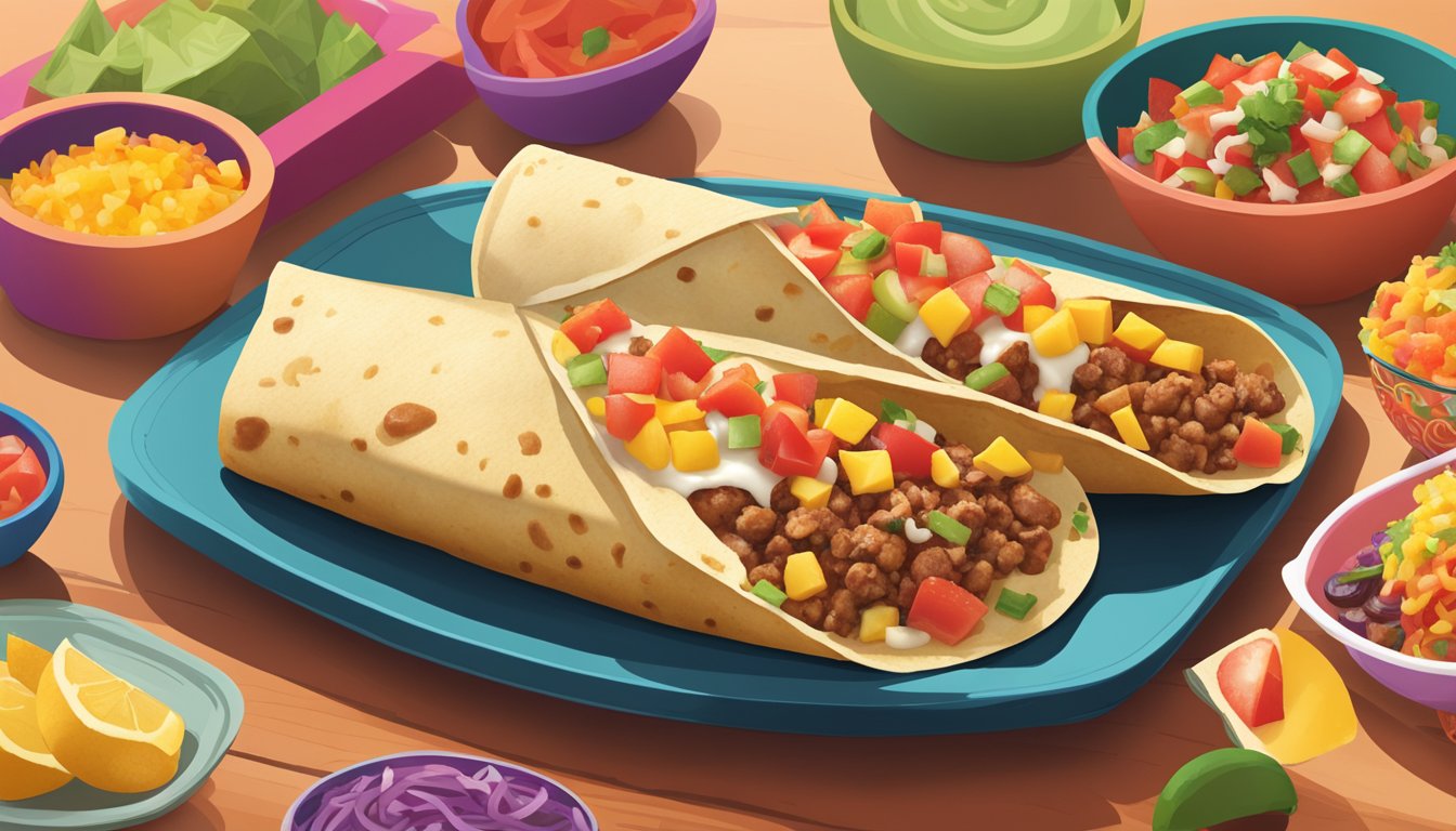 A sizzling breakfast burrito topped with vibrant pico de gallo, surrounded by colorful fiesta potatoes and set against a backdrop of 15 Instagram-worthy Taco Bell breakfast presentations