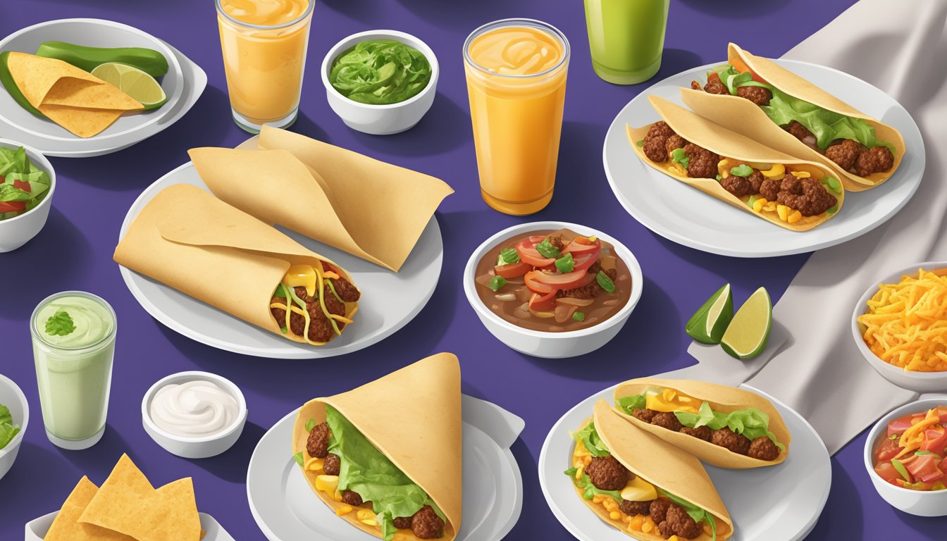 A colorful display of six vegetarian-friendly breakfast items from Taco Bell, including tacos, burritos, and wraps, arranged on a clean, modern table