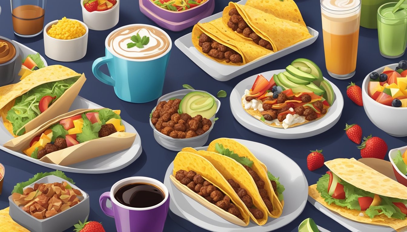 A colorful spread of Taco Bell breakfast items arranged on a table, with a variety of tacos, burritos, and wraps, accompanied by fresh fruits and a cup of coffee