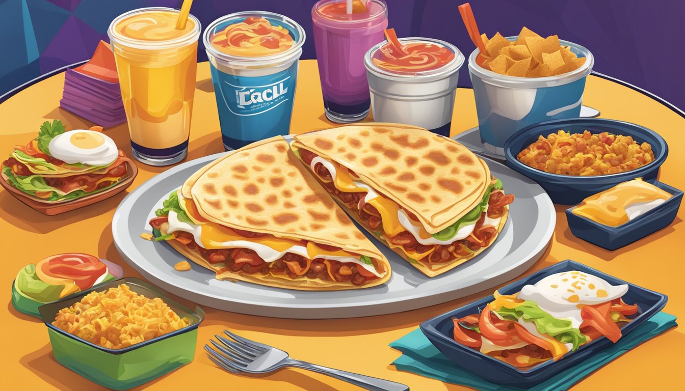 A sizzling Bacon Breakfast Crunchwrap with tangy sauce swirl, surrounded by vibrant and colorful Taco Bell breakfast items in a modern and trendy setting