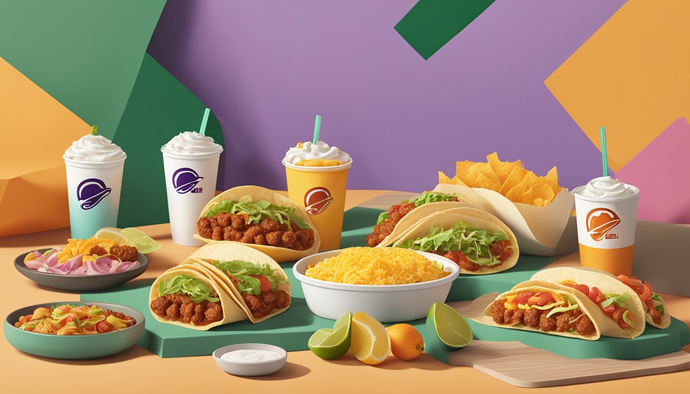 A colorful display of 7 different Taco Bell breakfast items arranged on a table, with fresh ingredients and a modern, minimalist backdrop