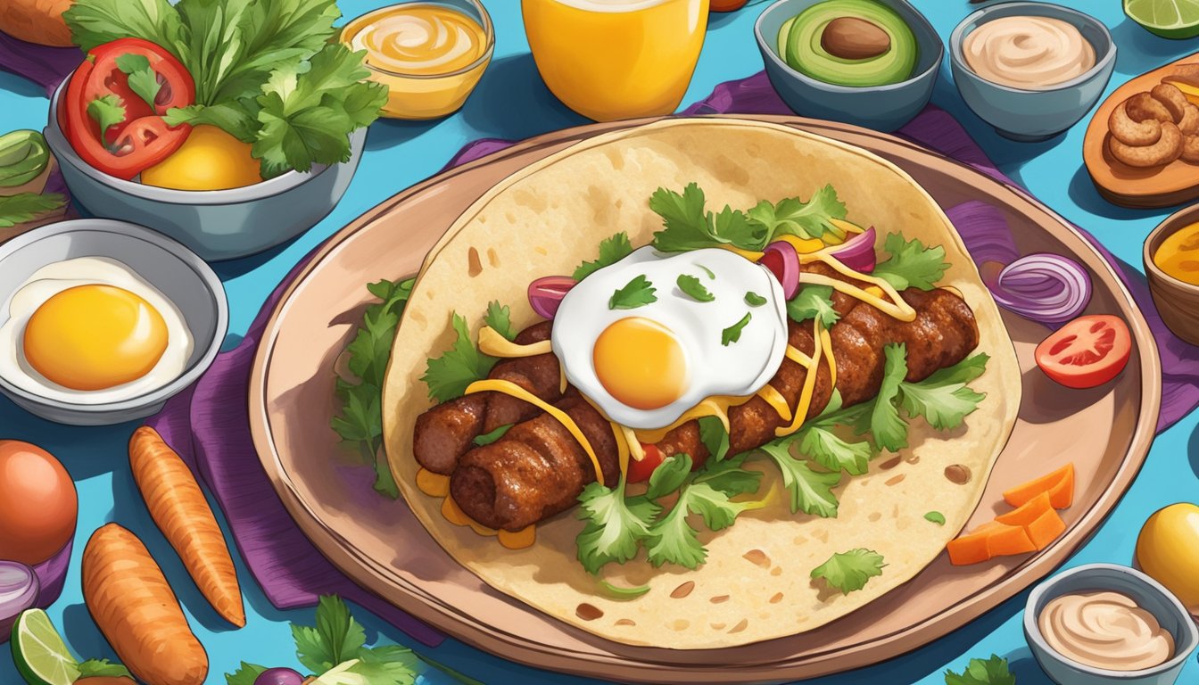 A colorful soft taco filled with sausage, eggs, and creamy chipotle mayo, surrounded by vibrant breakfast ingredients and a trendy Instagram-worthy backdrop